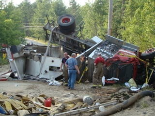 A Shapleigh pumper-tanker carrying 1,800 gallons of water was destroyed Sunday when a firefighter returning from the scene of a dryer fire hit a soft shoulder and rolled over on Newfield Road. Capt. Natasha Kinney is recovering at home.