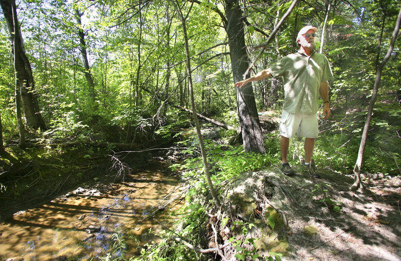 Jeff Dennis, a state biologist, discusses the progress of the restoration of the Long Creek watershed during a tour in South Portland on Tuesday. He said large amounts of runoff have carved a deep channel on the main stem of the creek.