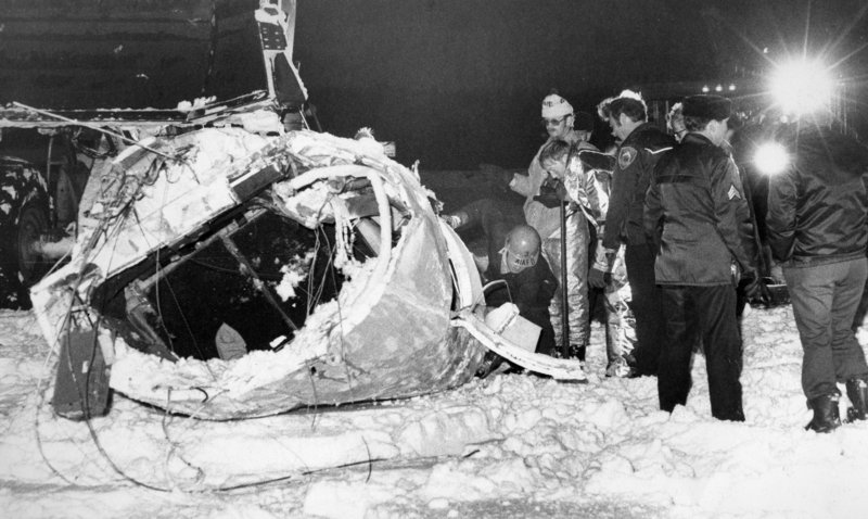 Authorities examine the wreckage of a December 1978 crash of a private jet at Anchorage International Airport. Republican Sen. Ted Stevens survived the crash, but his first wife, Ann, was killed. Stevens, an uncompromising advocate for Alaska for four decades who delivered scores of expensive projects to one of the nation’s most sparsely populated states, died in a plane crash on Monday at the age of 86.