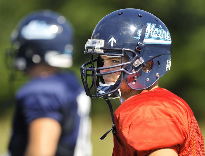 Chris Treister looks over the field during a recent practice. Treister finally had a chance to run the Maine offense at the end of last season and came through in style, throwing for 771 yards and seven touchdowns in the final two games of the season.