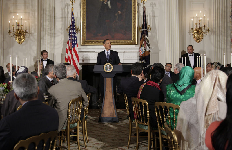 President Obama speaks at a gathering for Iftar, the meal that breaks the dawn-to-dusk fast for Muslims during the holy month of Ramadan, at the White House on Friday. He emphasized the American tenet of religious freedom as debate swirls over whether a mosque should be built near the site of the World Trade Center attacks in New York City.