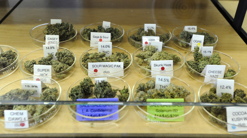 This is a small sample of the cannabis offerings in a display case at the Harborside Health Center.