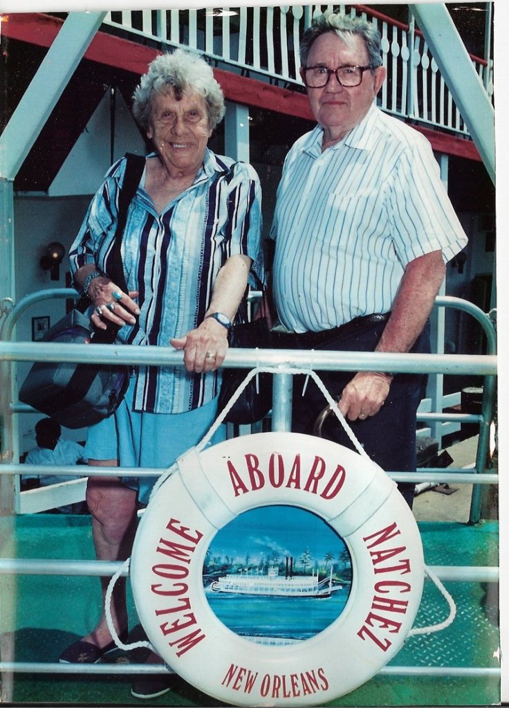 Marion Mason and her husband, John, pose on a steamboat trip up the Mississippi River. The couple traveled to all 48 contiguous states during their years of retirement.