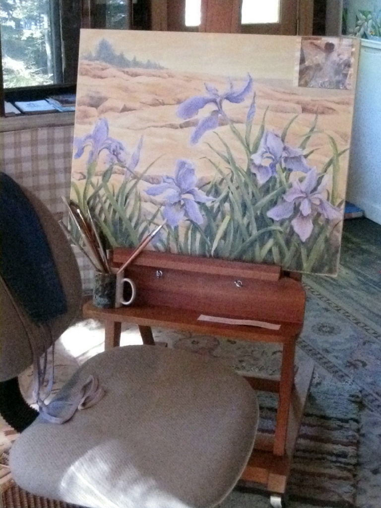Unfinished and left on its easel is the painting of wild irises among the rocks at Schoodic Point that Marilyn Carr was working on before her death in 2009.