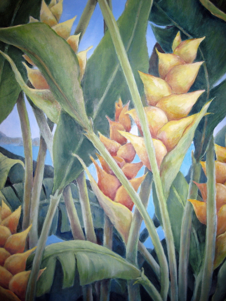 Detail of a Marilyn Carr painting of flowers on the island of Nevis, in the Caribbean, where she and her husband spent their winters.