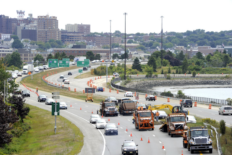 Traffic backs up on I-295 northbound Wednesday afternoon, as MDOT crews repair a sinkhole.