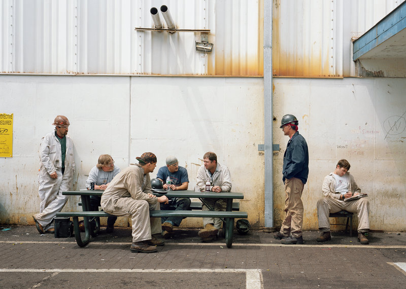 Still from “Lunch Break” (Assembly Hall, Bath Iron Works), 2008, a film by Sharon Lockhart