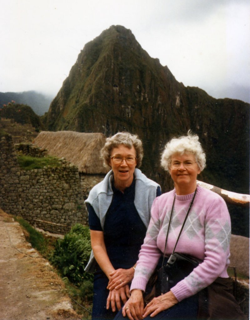 Esther Dudley, right, with her friend Margaret Lee of Indiana, while they hiked at the Machu Picchu ruins in Peru in the 1980s.
