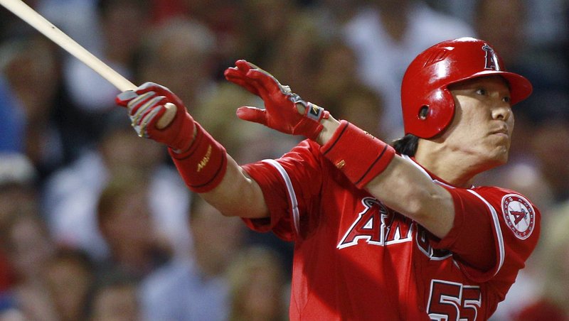 Hideki Matsui of the Los Angeles Angels watches his three-run homer off Josh Beckett during the sixth inning of a 7-2 victory against the Boston Red Sox on Thursday night.