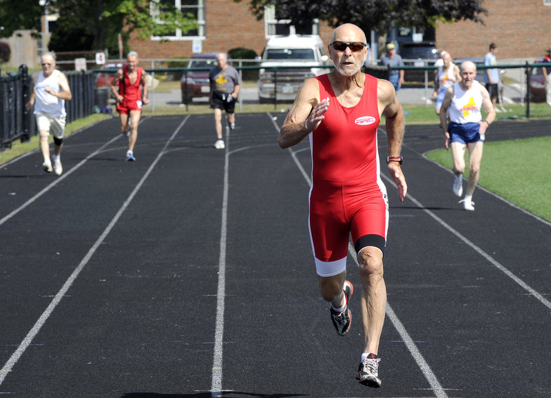 John Ploevy, 76, of York Beach, in the kind of shape that others decades younger would envy, dominates the field and heads to the finish to capture the 200 in his age group Saturday at the Maine Senior Games in Scarborough. He finished almost 10 seconds ahead of anyone else.