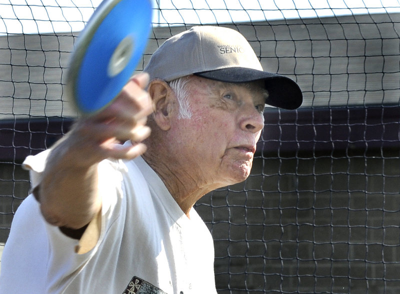 David Chase of Westport, Mass., may be 90, but no way will age stop him from his love of throwing the discus at the Maine Senior Games in Scarborough.