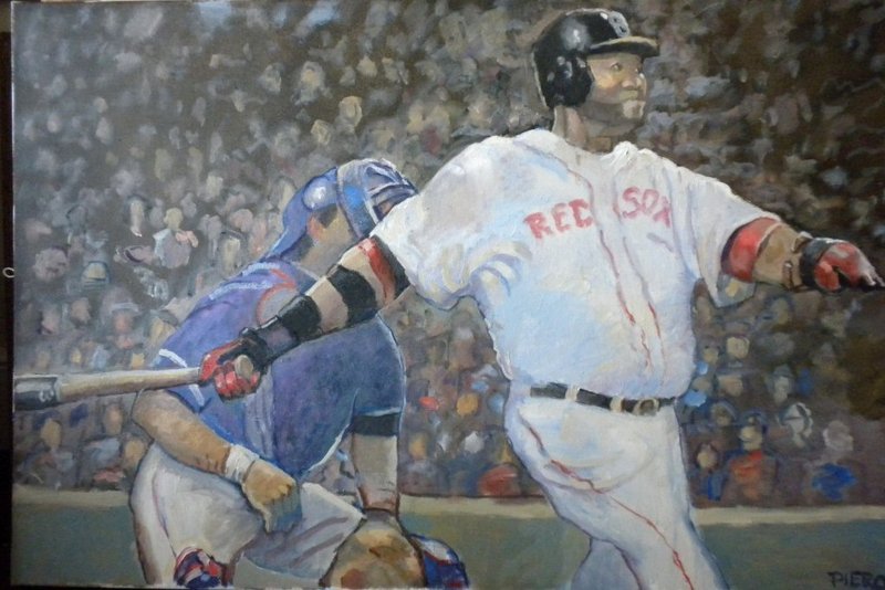 “Red Sox,” by Frank Pierobello. An exhibit featuring Pierobello’s paintings and those of his friend Martha Briana opens Wednesday at Mayo Street Arts in Portland.
