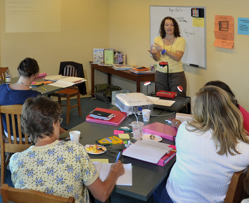 Shana Frazin, Intermediate Level seminar leader, discusses story development for elementary students at a teacher training program at the Glickman Family Library in Portland this week, put on by the Teachers College Readers and Writers Project.