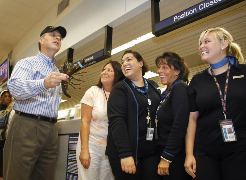 David Barger, president and chief executive officer of JetBlue Airways, with airport customer service representatives, from left, Missy Mokarzel, Ana Nieves, Joan Vendola and Nicole Bormet, shows off one of the lobsters he was given by Portland employees Thursday.