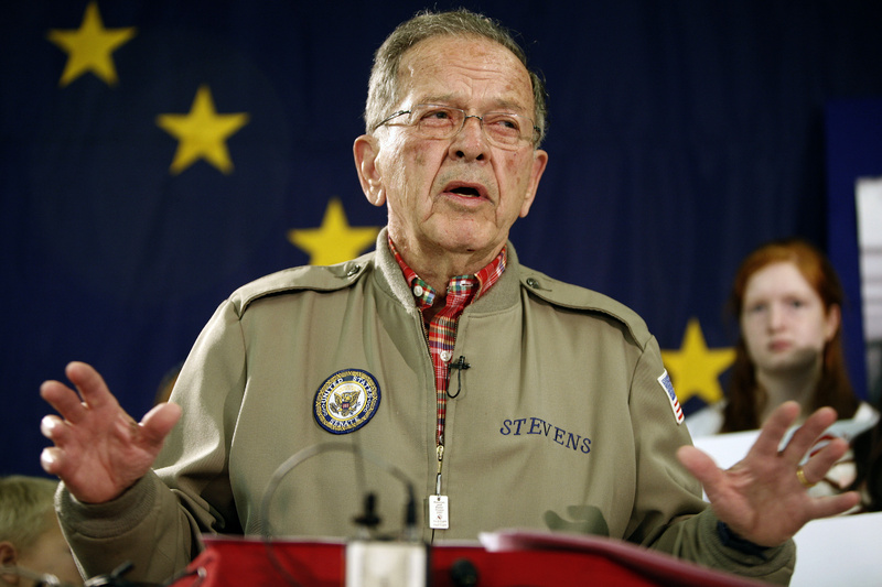 Former Sen. Ted Stevens, R-Alaska, speaks in Anchorage, Ala., in August 2008, announcing that he is running for re-election. Stevens was killed in a plane crash in southwest Alaska's remote mountains and lakes Monday.