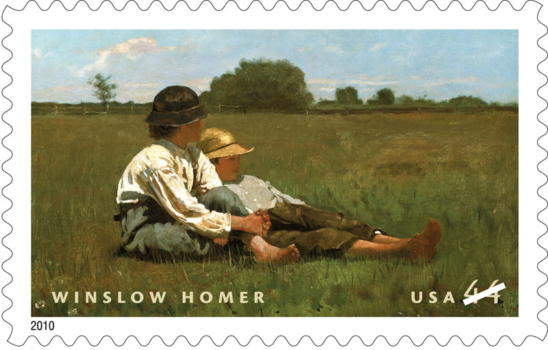 This undated handout image provided by the US Postal Service shows the postage stamp honoring American painter Winslow Homer, featuring his 1874 oil-on-canvas painting "Boys in a Pasture."