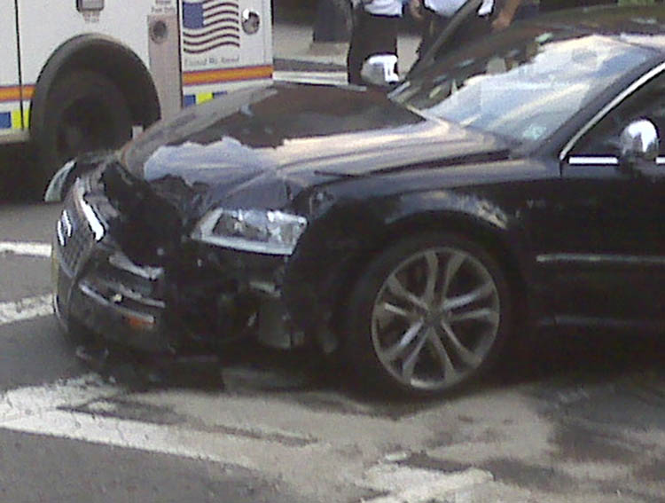 This cell phone photo provided by John McMahon shows an automobile driven by New England Patriots quarterback Tom Brady after it was involved in an accident in Boston early this morning