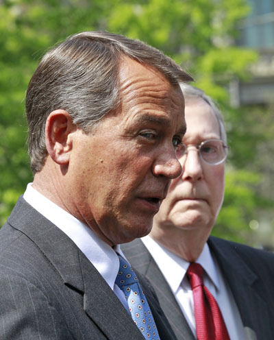 House Minority Leader John Boehner of Ohio, left, offered his own proposals today, saying that Congress should freeze all tax rates for two years and should cut federal spending to the levels of 2008, before the deep recession took hold.