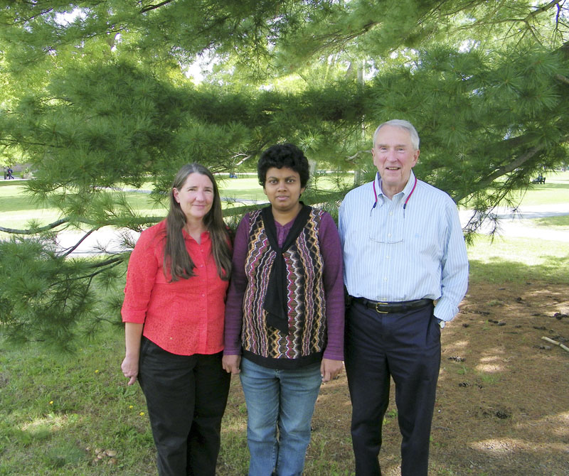 University of Maine chemistry department researchers – from left, Barbara Cole, Gedivinne Nilmini and Ray Fort – have discovered that a rare starter material for the anti-flu drug Tamiflu can be found in white pine tree needles.