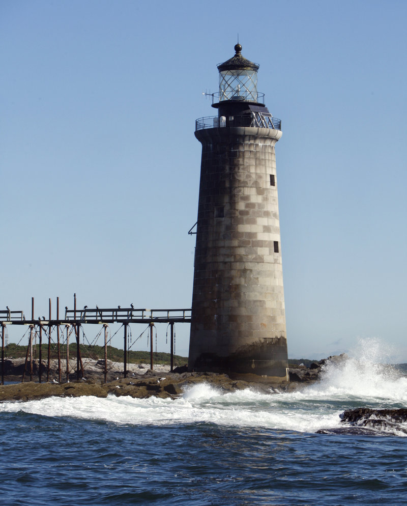 Ram Island Ledge Light has marked the main channel to Portland Harbor since 1905. The 72-foot-tall tower is made of granite blocks and has an enameled-brick interior with stairs winding up the inside, topped by a light in the cupola.