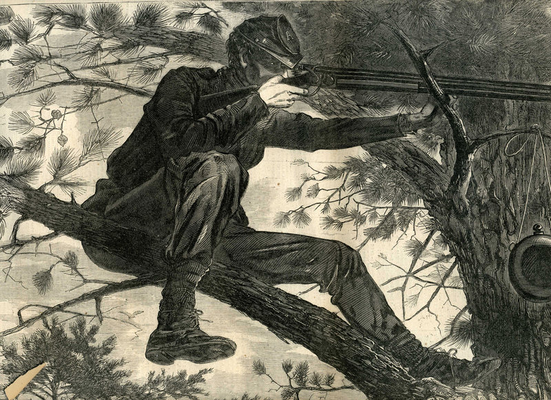 Homer’s “The Army of the Potomac – A Sharpshooter on Picket Duty” (large detail), wood engraving, 1862, is at the Saco Museum.