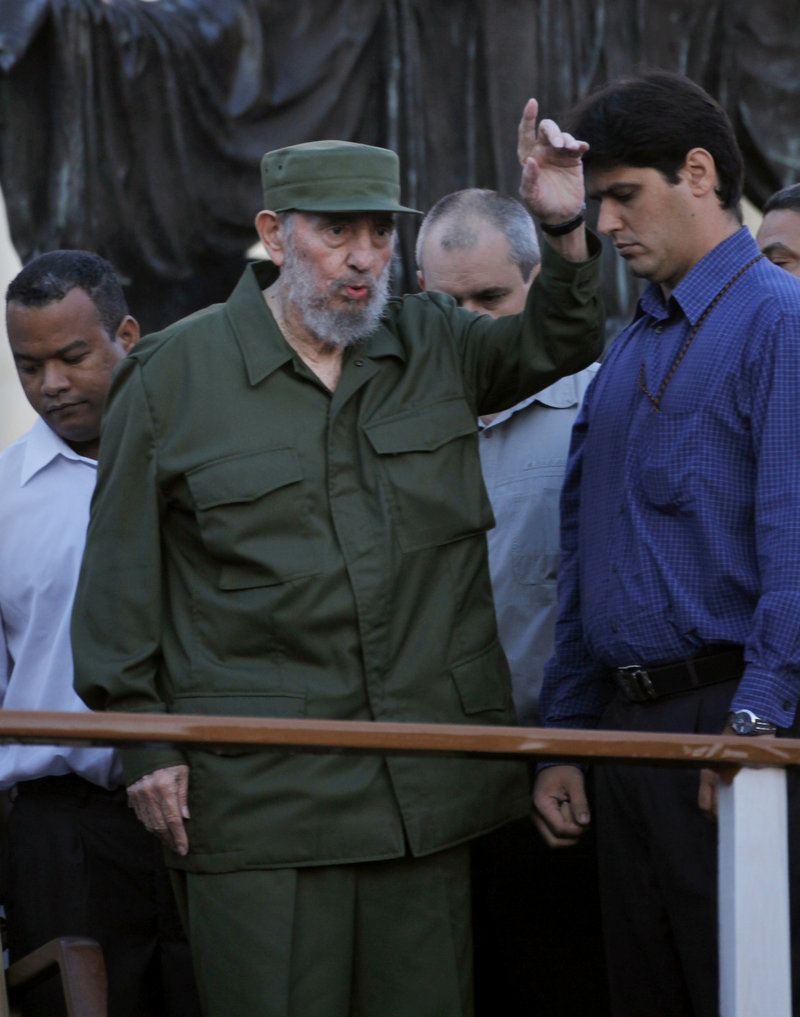 Fidel Castro greets students before his speech outside the University of Havana last week. Cuba’s ex-president has steered clear of local issues in recent years.