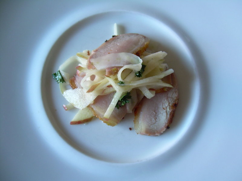 Chef Erik Desjarlais' shaved Liberty apple with peameal bacon and fennel.