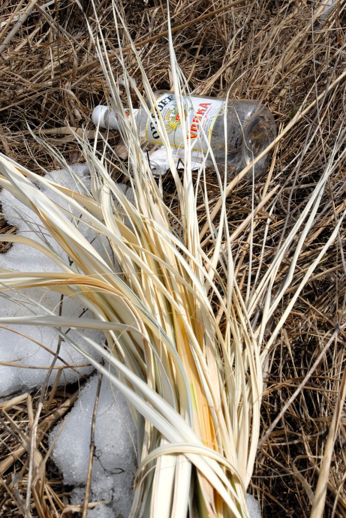 An empty liquor bottle is among the trash found near Scarborough Marsh in a trash pickup campaign.