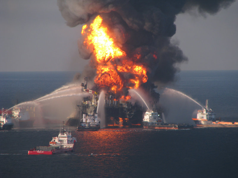 Fire rages on the Deepwater Horizon offshore oil rig a day after it exploded on April 20.