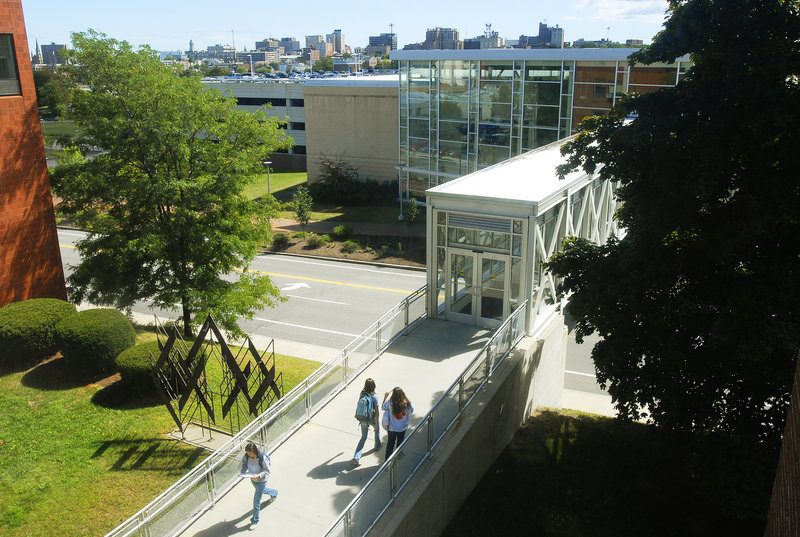 Students walk to class on the University of Southern Maine’s Portland campus. The American Institute for Economic Research rated the city 20th among similar-sized peers in an assessment of factors including quality of life, academic environment, and cost of living for college students.