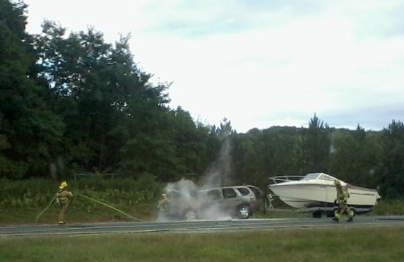 A car trailing a boat caught fire in the northbound lanes of Interstate 295 in Freeport on Thursday, snarling afternoon rush-hour traffic. The fire broke out at 5 p.m. north of Exit 17. There were no reports of injuries.