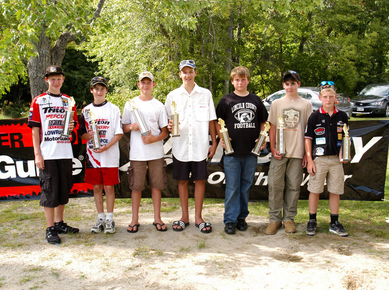 Anglers in the tournament included, from left, Brian Volkernick, Alex Williamson, Hunter Beyea, Chase Laflamme, Woodbury, Jonathan Curran and Hunter Reed. Volkernick of Dixfield won second place in the 15-18 age group with a total of 8.45 pounds, and Laflamme of East Waterboro was third at 6.53 pounds. Curran of Kennebunk won first place in the 11-14 age group, with 7.68 pounds total. Williamson of Gorham was second at 6.16 pounds and Reed of Georgetown was third with 4.48 pounds.