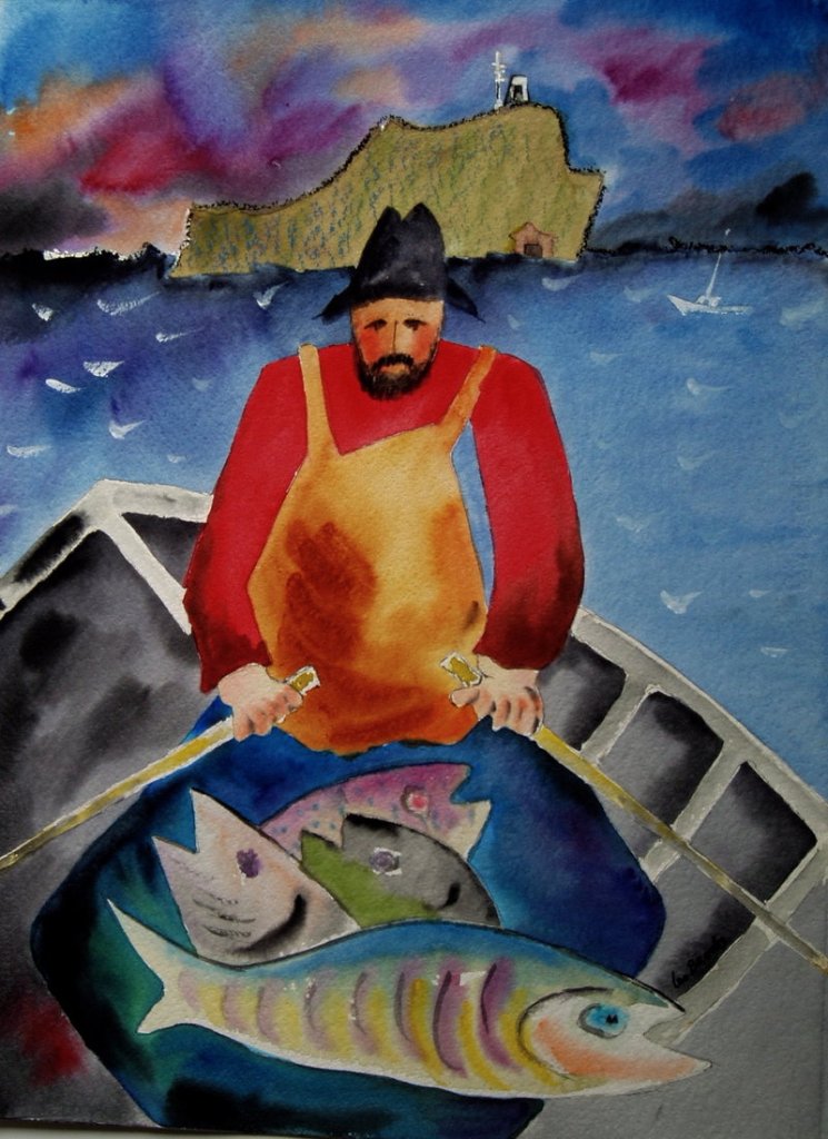 "The Fisherman" by Leo Brooks, at Mars Hall Gallery in Port Clyde