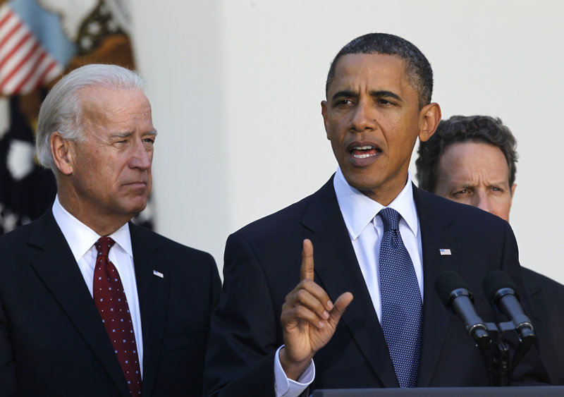 President Obama, with Vice President Joe Biden, left, and Treasury Secretary Timothy Geithner, right, speaks Wednesday in the Rose Garden. His call to end tax cuts to the very rich has put congressional Democrats at odds.