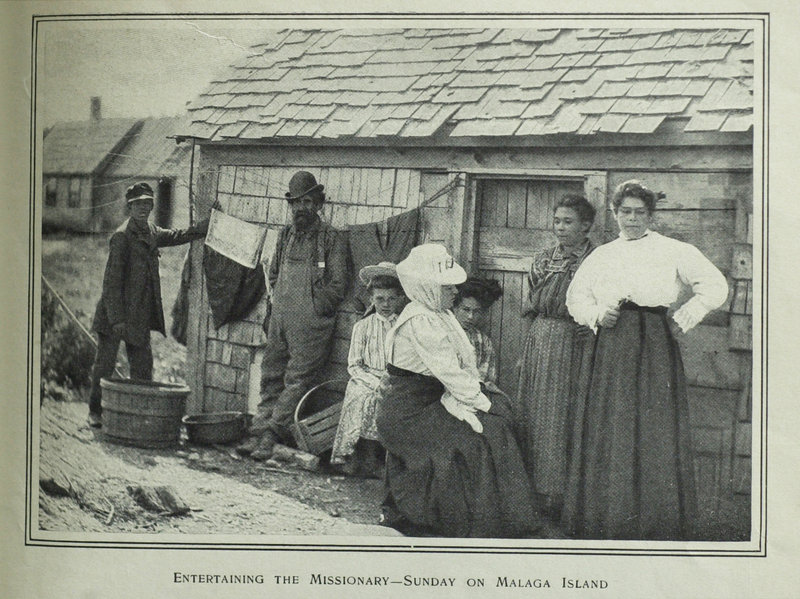 A copy of a photo by Frederick Thompson from Harper’s New Monthly Magazine, September 1882, shows residents on Malaga Island.