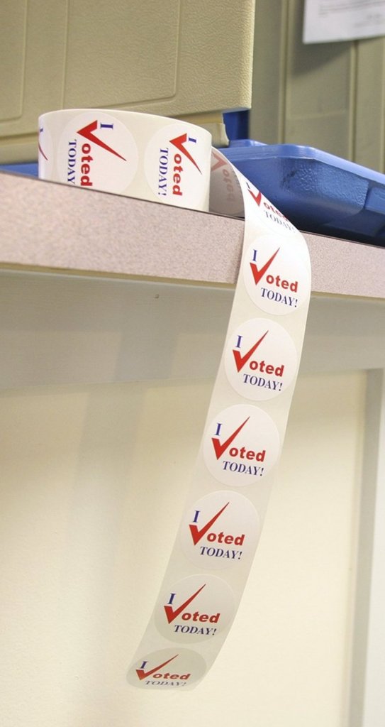 "I voted today" stickers await absentee voters at the city clerk's office in Portland City Hall last year.