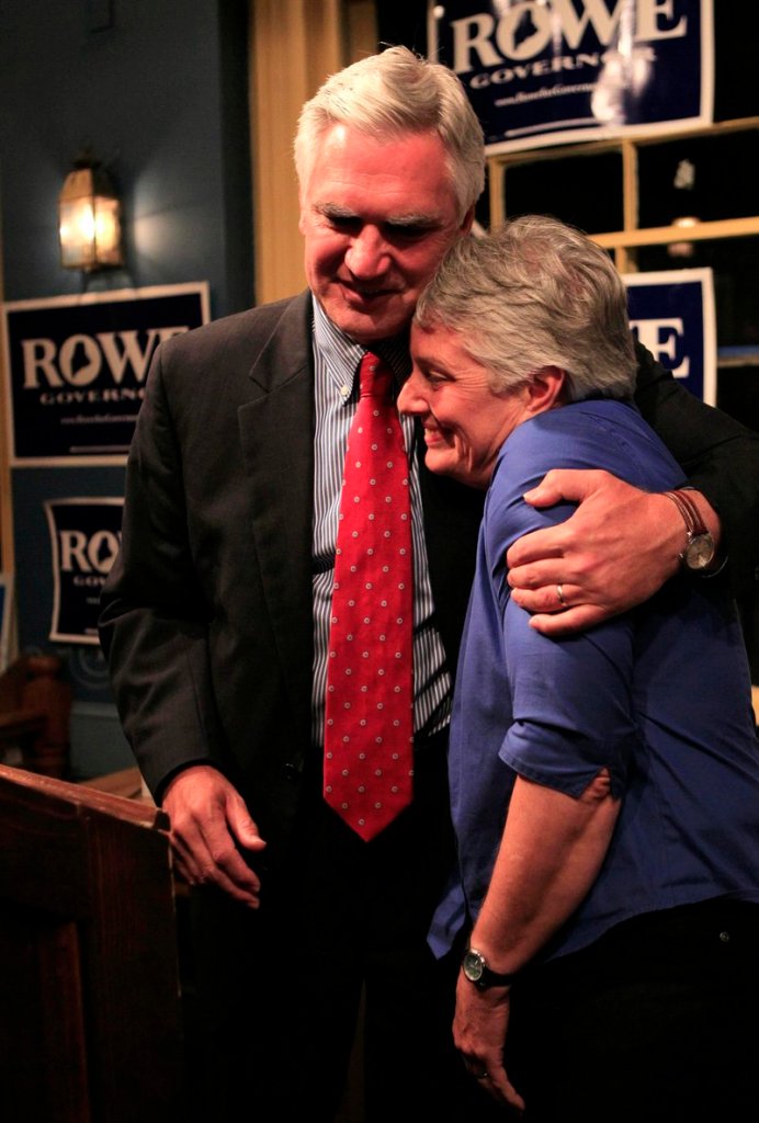 Democratic gubernatorial candidate Steve Rowe hugs his wife, Amanda, after conceding to Libby Mitchell at his primary election night party on June 8 in South Portland. Rowe is now practicing law with Verrill Dana in Portland.