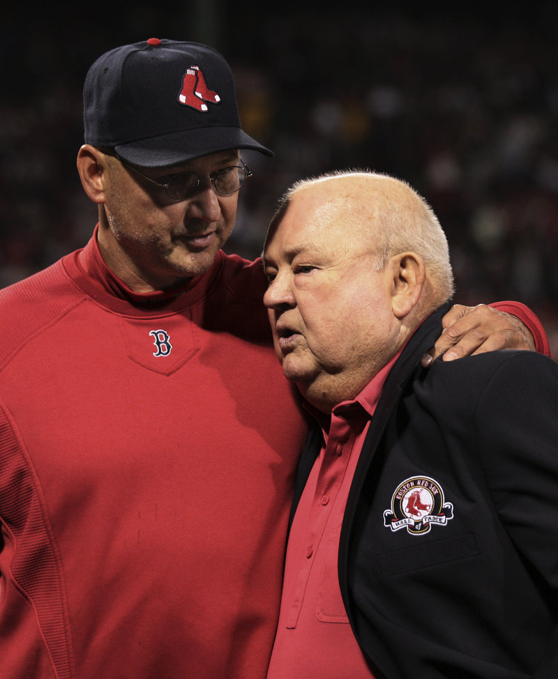 Red Sox Manager Terry Francona hugs Don Zimmer, the former Red Sox manager who was one of the inductees Friday night into the Red Sox Hall of Fame. Zimmer managed the Red Sox from 1976-80.