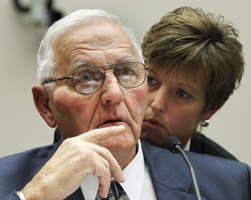 Wright County Egg owner Austin “Jack” DeCoster confers with attorney Jan Kramer Wednesday as he testifies before a House Oversight and Investigations subcommittee hearing.