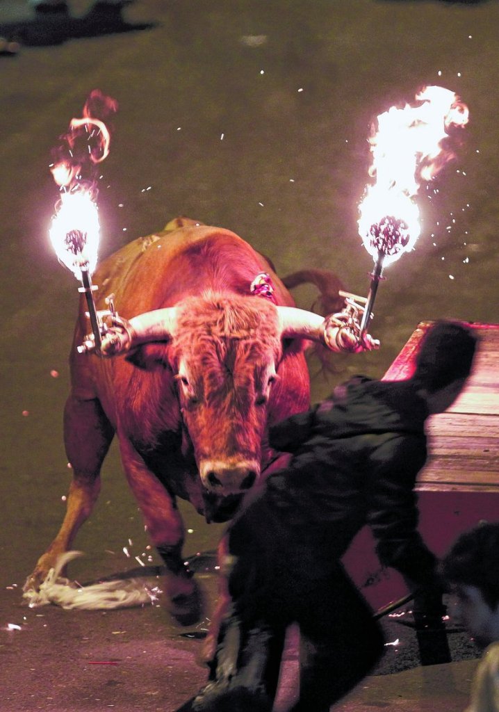 A reveler runs from a bull with flaming horns during a festivity in Gilet, Spain, last January. Lawmakers who outlawed bullfighting this summer in Spain’s Catalonia region approved a bill Wednesday that effectively endorses other traditions such as letting bulls chase human daredevils by seaside marinas and plunge into the water.