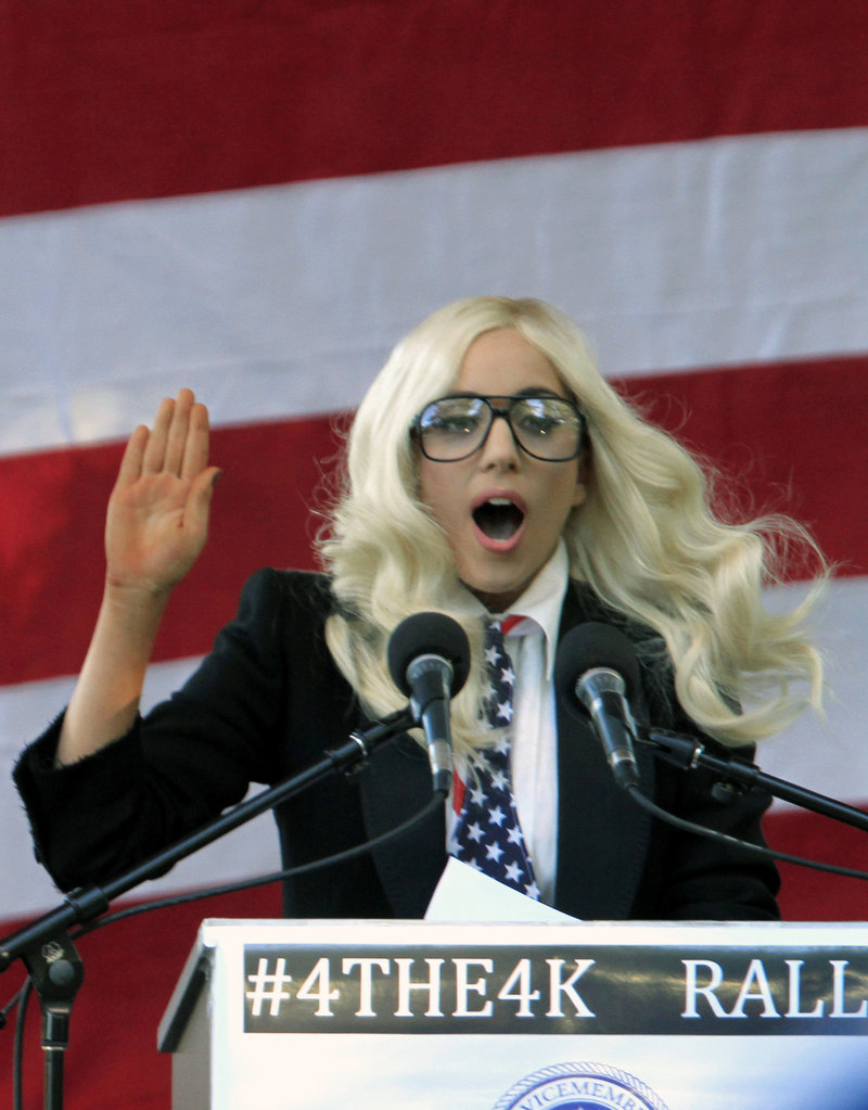 Entertainer Lady Gaga speaks at a rally this week at Deering Oaks in support of repealing the military’s ‘don’t ask, don’t tell’ policy.