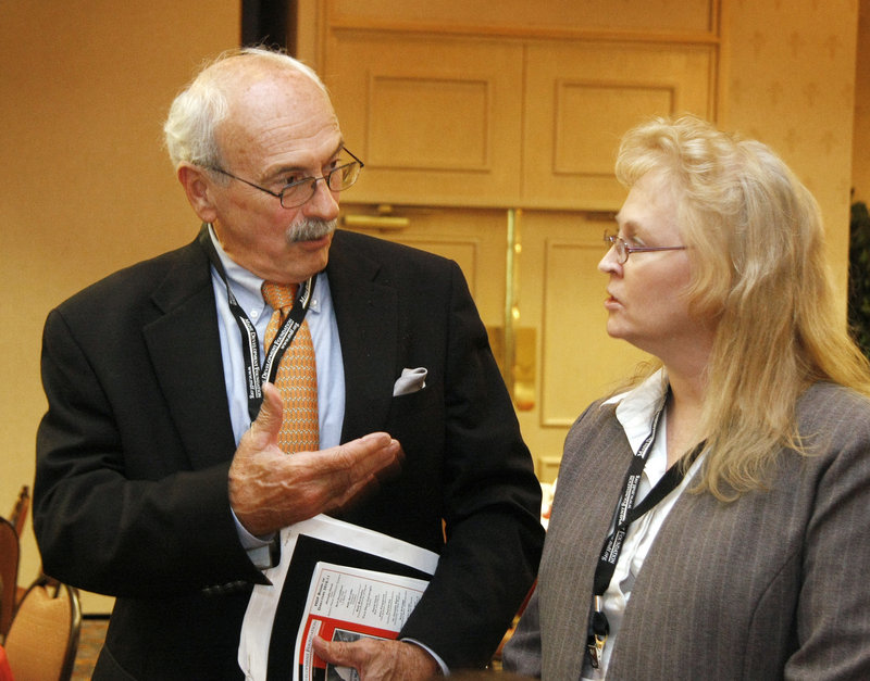 This is a two-line cutline that Jill Brady/Staff Photographer:Jim Day and Terry Ann Stevens chat at the Maine Development Foundations 32nd Annual Meeting Friday, September 24, 2010 at the Holiday Inn By The Bay in Portland.