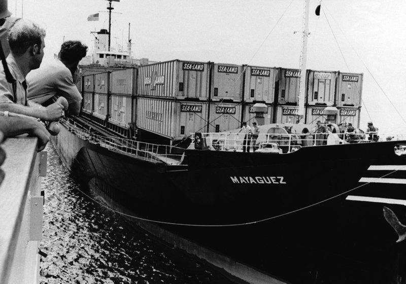 A destroyer escort prepares to tow the U.S.-owned cargo vessel Mayaguez in May 1975. When the ship and its crew were seized off Cambodia, the Ford administration was determined to craft a muscular response documents published by the State Department.
