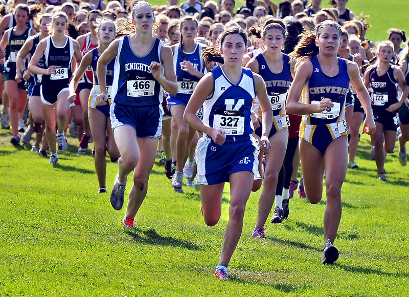 Abbey Leonardi of Kennebunk takes the lead at the start of the race and wasn’t threatened while running to the girls’ title in 18 minutes, 40 seconds. The event brought together cross country teams regardless of class.