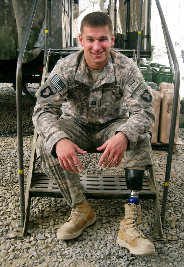 U.S. Capt. Dan Luckett, 27, of Norcross, Ga., takes a seat at Combat Outpost Ashoqeh in Afghanistan s Kandahar province. Luckett lost his left leg and part of his right foot in a bomb blast in Iraq in 2008. The Pentagon says 41 American amputees are now serving in combat zones.