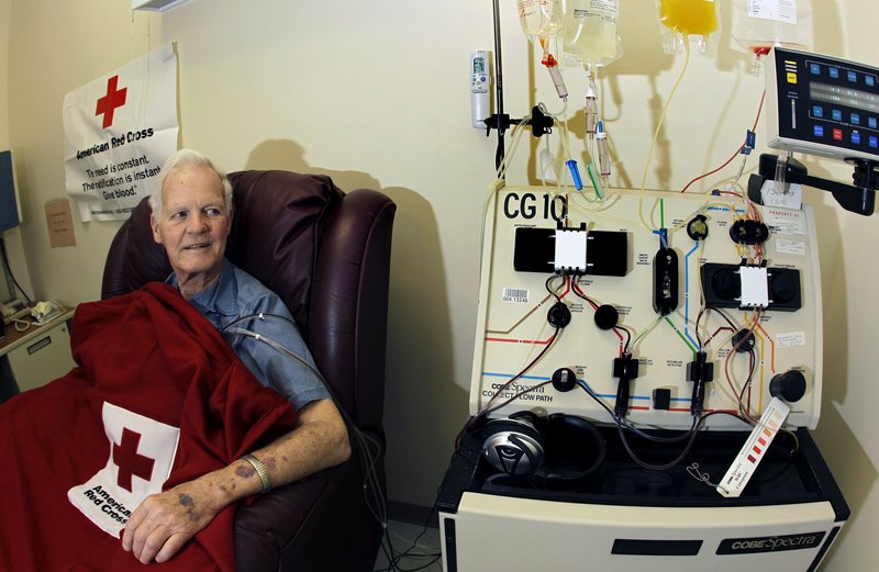 Hooked up to a blood infusion machine at the Red Cross in Dedham, Mass., Bob Svensson undergoes the Provenge prostate cancer treatment. Svensson said he got the $93,000-a-year treatment because insurance paid. “I would not spend that money” for Provenge, which adds four months’ survival for men with incurable tumors, he said.