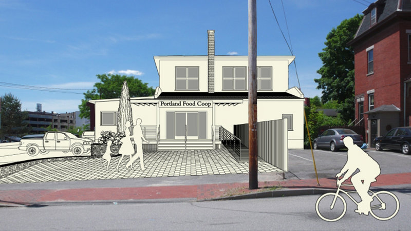 An artist's sketch shows what the Portland Food Cooperative could look like after renovation. The coop has received a donation of a five-year lease for a building in Portland's East End.