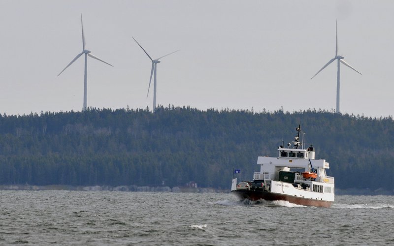 Three wind turbines, each capable of producing 1.5 megawatts of electricity, rise above Beaver Ridge in Freedom. The advocacy group Oceana says that offshore wind on the East Coast could generate 127 gigawatts of power, or 48 percent of the electricity used in the 11 states with the best wind.