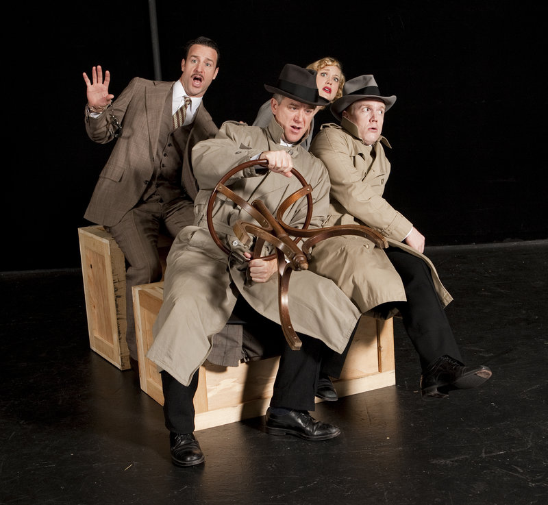 Tortsen Tillhouse and Dustin Tucker, front, left to right, and Paolo Andino and Gardner Reed star in the Portland Stage Company production of The 39 Steps.