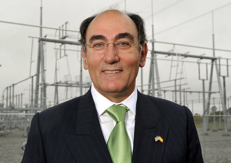 Ignacio Galan, chairman of the Iberdrola Group, toured the new CMP substation in Gorham, in background, as he marked the start of the $1.4 billion Maine Power Reliability Project on Tuesday.